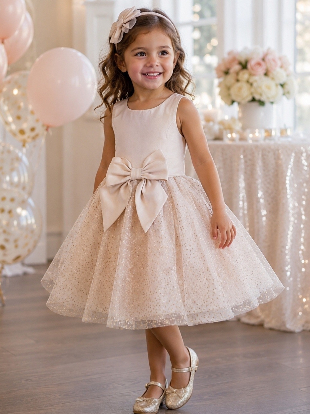 Zunie Blush Champagne Tulle Party Dress with Bow